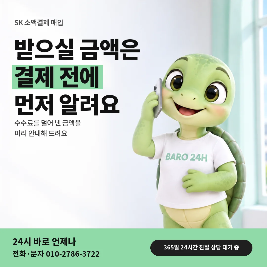 휴대폰을 보며 웃는 BARO 24H 티셔츠를 입은 3D 거북이 캐릭터 옆에 「SK 받으실 금액과 수수료」 제목을 얹은 안내 카드