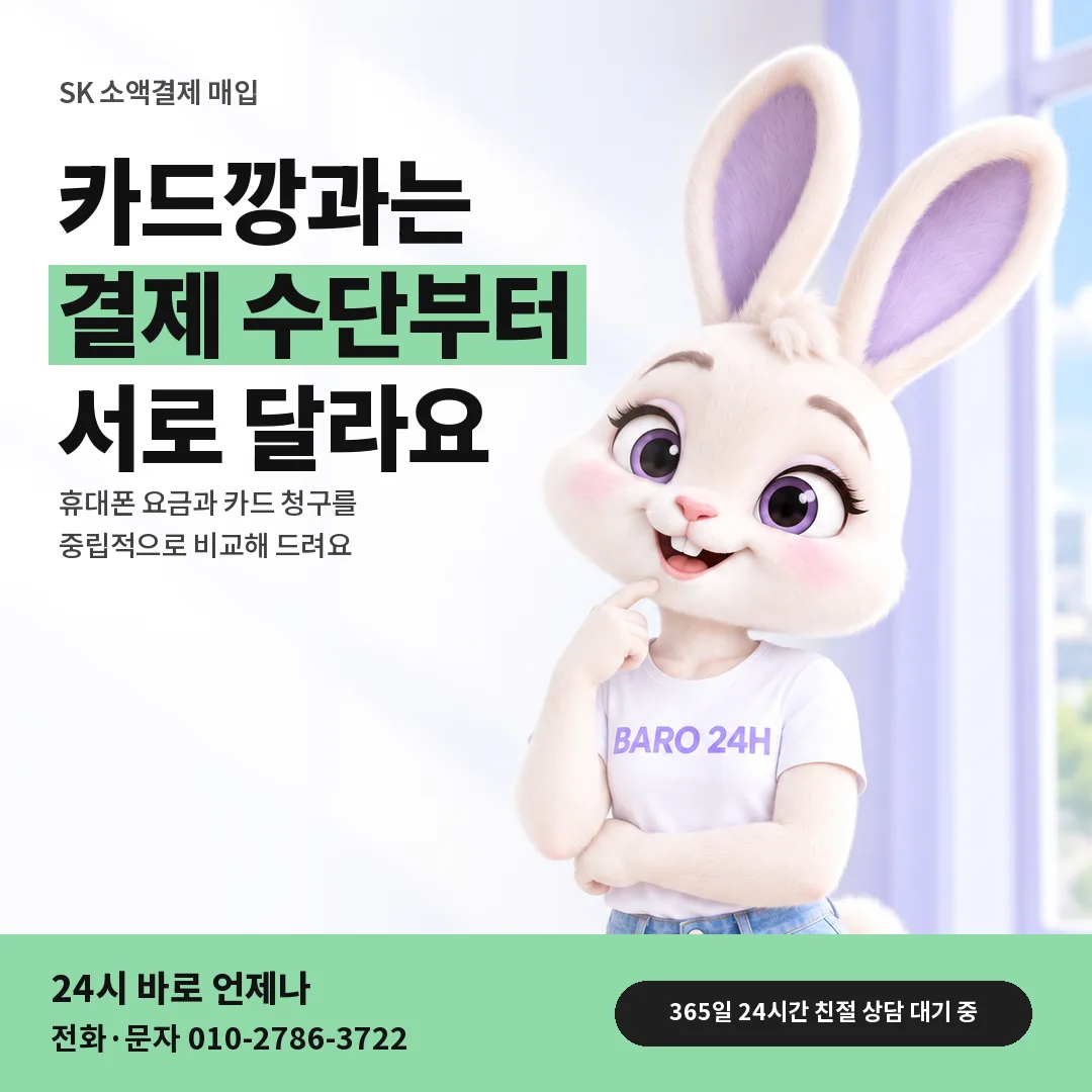 BARO 24H 티셔츠를 입은 3D 토끼 캐릭터 옆에 「SK 카드깡과 다른 결제」 제목을 얹은 안내 카드