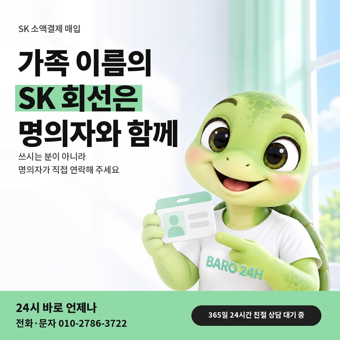 신분증을 든 BARO 24H 티셔츠를 입은 3D 거북이 캐릭터 옆에 「SK 가족 명의 회선」 제목을 얹은 안내 카드