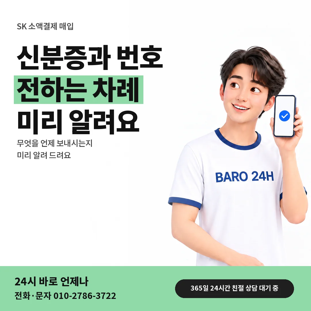 BARO 24H 티셔츠를 입은 3D 인물 옆에 「SK 신분증과 인증번호」 제목을 얹은 안내 카드